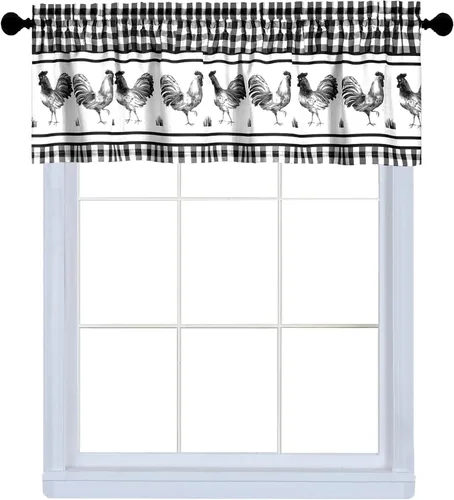 Vista 2 de PowerSellerUSA Juego de cortinas de cocina para ventana, diseño de gallo, cenefa de 58 pulgadas de ancho x 14 pulgadas de largo, color negro