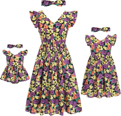 Vista 2 de Mommy and Me - Vestidos a juego con volantes florales y espalda descubierta, vestido de playa con cinturón autoatado para verano, mamá e hija