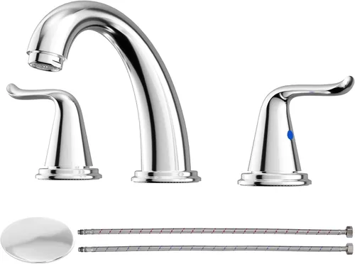 Vista 11 de WOWOW Grifo de Baño Extendido - 3 Orificios, Negro, Centro de 8 Pulgadas, Doble Manija, Arco Alto, Grifo de Lavabo con Ensamble de Drenaje Pop-Up