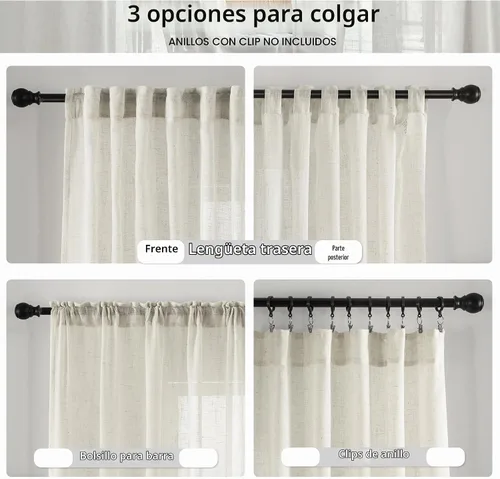 Vista 2 de DUALIFE 2 paneles de cortinas de lino transparente natural de 45 pulgadas, color beige para ventanas pequeñas, bolsillo con pestaña trasera