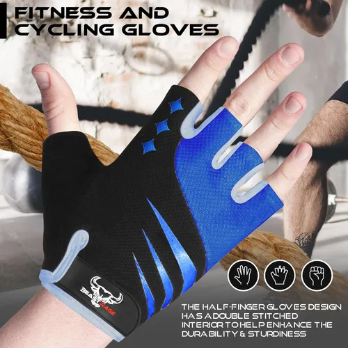 Vista 3 de BEAST RAGE Guantes de ciclismo de medio dedo para hombres y mujeres, guantes acolchados de gel, antideslizantes, absorben los golpes, levantamiento