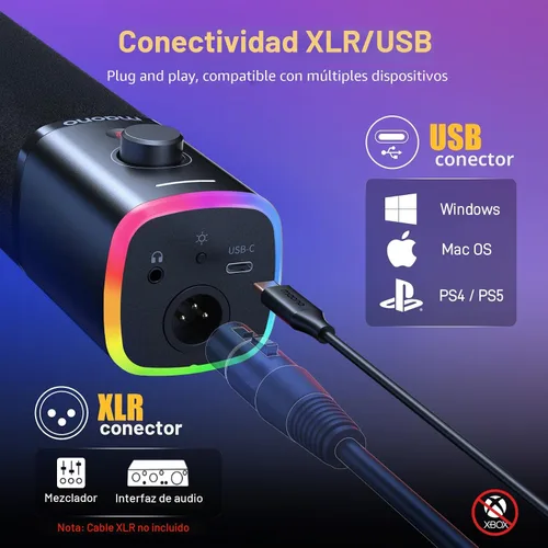 Vista 3 de MAONO Kit de micrófono XLR/USB para juegos: micrófono dinámico para PC para transmisión y podcast, soporte de software, botón de silencio, control