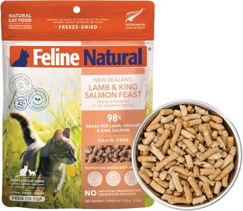 Vista 12 de Alimento para gatos seco de alta proteína Feline Natural, dieta liofilizada con 98% de carne, órganos y mariscos, sin guisantes, granos o aditivos