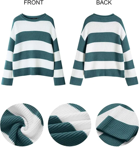 Vista 32 de ZESICA Suéter tejido sin botones de manga larga y cuello redondo, a rayas, bloques de color, cómodo, holgado, talla extragrande para mujer de 2024