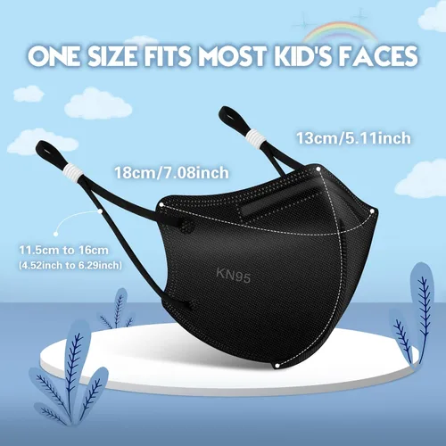 Vista 2 de WWDOLL Mascarilla KN95 para niños, paquete de 50 unidades, mascarillas KN95 transpirables de 5 capas para niños, color negro