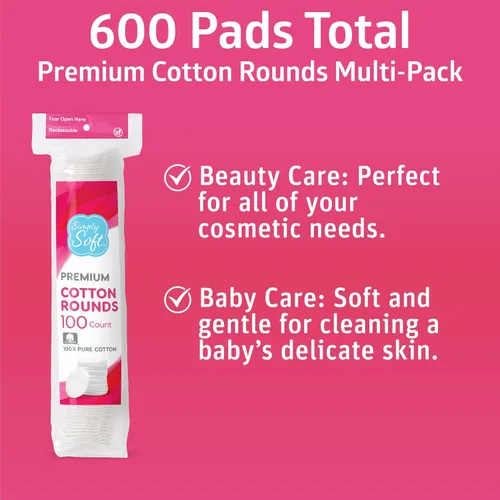 Vista 3 de Simply Soft - Redondas de algodón de alta calidad, 100% algodón puro, almohadillas de algodón absorbente, 100 unidades (paquete de 6)