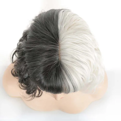 Vista 4 de AICKER Peluca ondulada corta mitad negra mitad blanca y rizada con flequillo para mujer, pelucas de anime, cosplay, Halloween, fiesta de Navidad