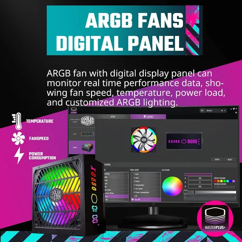 Vista 2 de Cooler Master XG650 Plus Platinum ARGB totalmente modular, 650W, panel de visualización de información incorporado, ventilador silencioso ARGB 5.315
