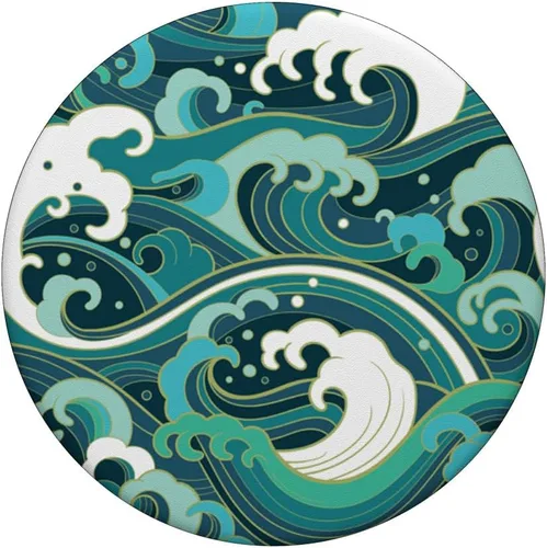 Vista 3 de Ocean Wave Surf Playa Arte Japonés Azul Verde – PopSockets Grip y soporte para teléfonos y tabletas, Negro