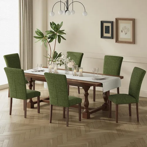 Vista 22 de COLAMY Juego de 6 sillas de comedor tapizadas Parsons, sillas laterales de tela para comedor y cocina con ribete de tachuelas y patas de madera