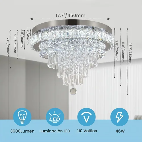 Vista 5 de FRIXCHUR Candelabros de Cristal Lámpara de Techo LED con Control Remoto Montaje Empotrado Grande Lámpara de Techo Colgante para Sala de Estar