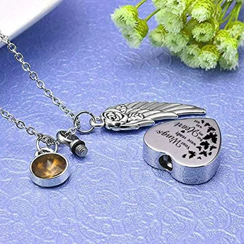 Vista 2 de Collar de urna de corazón para cenizas, joyería de cremación conmemorativa para cenizas, colgante de ala de ángel con 12 piedras natales, tus alas