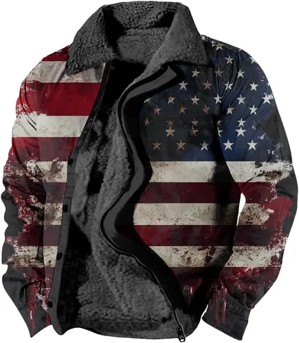 Vista 15 de LOAIHA Chaqueta de invierno para hombre, chaqueta de bandera estadounidense, abrigos occidentales para hombre, con cremallera, forro polar cálido