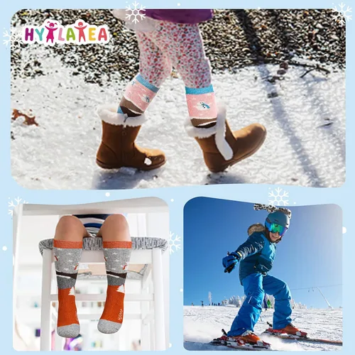 Vista 6 de Hylaea Calcetines de esquí de lana merino para niños, calcetines térmicos cálidos hasta la rodilla para patinaje de snowboard para niños y niñas