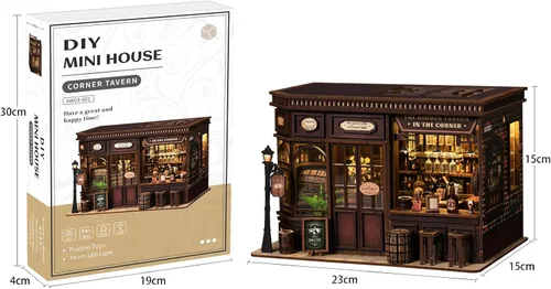 Vista 8 de Kit de rincón de libros, kit de casa de muñecas en miniatura con muebles y luz LED, rompecabezas 3D, sujetalibros de arte de madera, kits