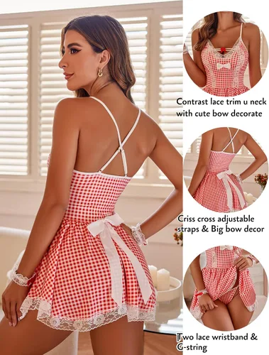 Vista 2 de Avidlove Conjunto de lencería de malla para cosplay, babydoll de encaje, juego de rol, 4 piezas, ropa de dormir con correa
