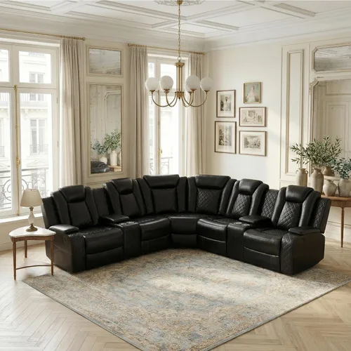 Vista 17 de Juego de sofá reclinable eléctrico, sofás reclinables de cuero negro, 3 piezas de sofá reclinable de cuero de aire y silla de dos plazas con luces
