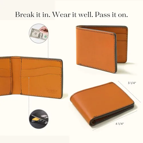 Vista 4 de TANNER GOODS Billetera de cuero para hombre, estilo tradicional, con 4 ranuras para tarjetas, sección de notas planas. Billetera de bolsillo