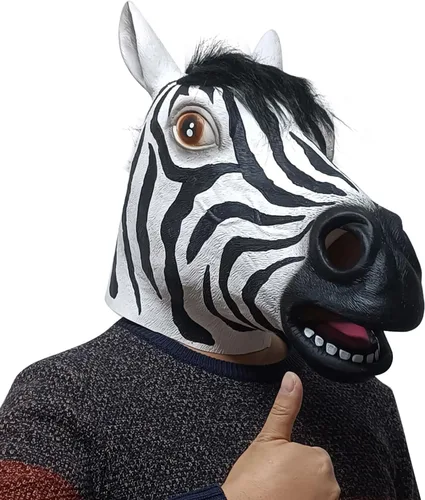 Vista 4 de Máscara de cabeza de cebra de látex, disfraz de caballo de selva para adultos, accesorios de fiesta