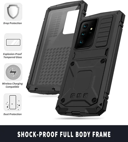 Vista 4 de Funda de metal compatible con Samsung Galaxy S21, resistente al polvo, grado militar, con soporte plegable integrado con cubierta de parachoques