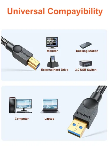 Vista 6 de VANAUX Cable USB 3.0 B macho a USB A, cable de datos USB 3 tipo B, compatible con estación de acoplamiento, discos duros externos, escáner y más