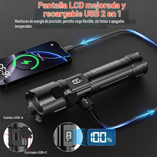 Vista 5 de Linterna 20000 Lúmenes Altos Recargable - Paquete de 2 Luz LED Flash Súper Brillante de 30W 24H de Larga Duración y Haz de 5000ft USB C Linterna