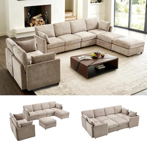 Vista 29 de Iroomy Sofá modular modular para sala de estar, asiento con cojín de resorte, moderno sofá convertible en nube con otomana, gris