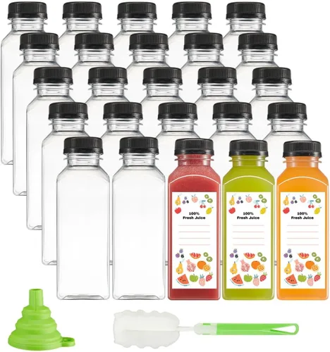 Vista 9 de GUSTO 25 botellas de jugo de plástico reutilizables con tapas, etiquetas, cepillo y embudo de silicona, botellas de plástico transparente con tapas