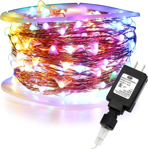 Vista 12 de RUICHEN Cadena de luces de alambre de cobre enchufables de 99 pies, 300 luces LED con carrete, multicolor