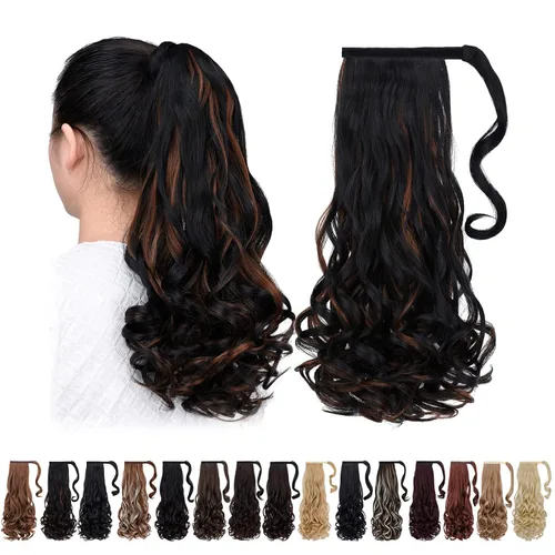 Vista 14 de Extensiones de cola de caballo negras, colas de caballo rizadas con clip, 22 pulgadas, 3.5 onzas, extensión de cabello sintético envolvente del pelo