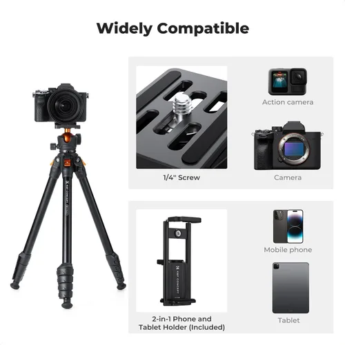 Vista 7 de K&F CONCEPT Trípode de viaje de aluminio de 63" para cámara con soporte para teléfono, trípode compacto ligero no reversible que pesa 2.6 lb, carga
