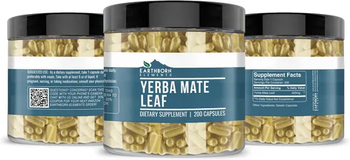 Vista 4 de Earthborn Elements Yerba Mate Leaf 200 cápsulas, pura y sin diluir, sin aditivos