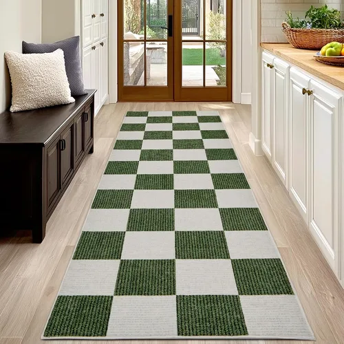 Vista 6 de Alfombra Lavable 5x7 de Cuadros, Alfombra de Área Verde y Blanca, Alfombras Grandes Boho para Sala de Estar, Alfombra de Bajo Pilo Ligera para Verde