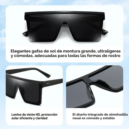 Vista 5 de Dollger - Gafas de sol cuadradas de gran tamaño para mujer y hombre, de moda, armazón negro con parte superior plana