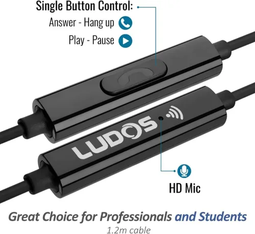 Vista 3 de LUDOS Clamor 2 PRO - Auriculares intrauditivos con cable, auriculares con micrófono, auriculares con aislamiento de ruido, espuma viscoelástica