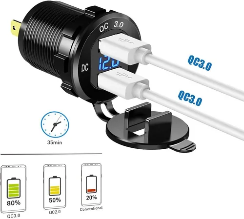 Vista 2 de Cargador de coche USB dual 3.0 de carga rápida de 12 V/24 V 36 W QC3.0 Cargador rápido USB dual toma de corriente de aluminio con voltímetro LED Azul