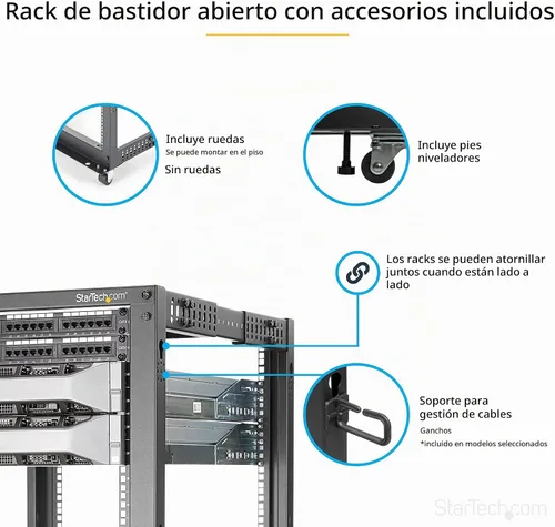 Vista 4 de StarTech Bastidor de servidor de marco abierto de 4 postes 8U móvil, bastidor de red de 19" con ruedas, pequeño bastidor rodante para equipos