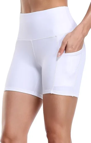 Vista 4 de Oalka Pantalones cortos de yoga para mujer, con bolsillos laterales, cintura alta, para entrenamiento, correr, deportes, 4 pulgadas