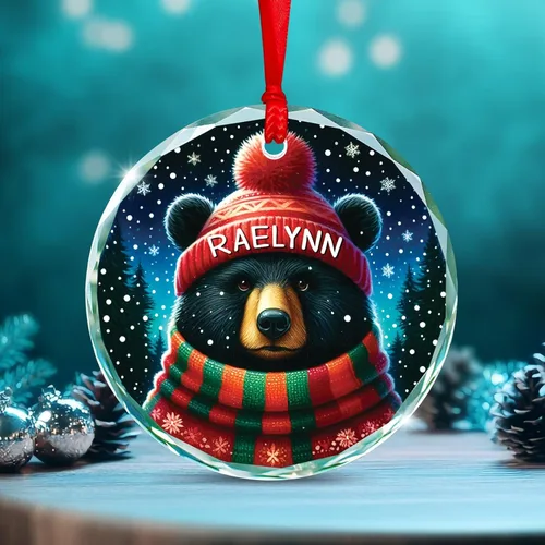 Vista 4 de Adorno de cristal de oso personalizado 2025, regalo de Navidad de oso para hijo, hija, amantes de los animales, adornos personalizados de osos