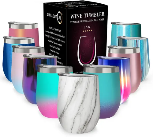 Vista 35 de CHILLOUT LIFE - Vaso de acero inoxidable de 12 onzas con tapa y caja de regalo, diseño de viaje con recubrimiento en polvo, aislamiento al vacío