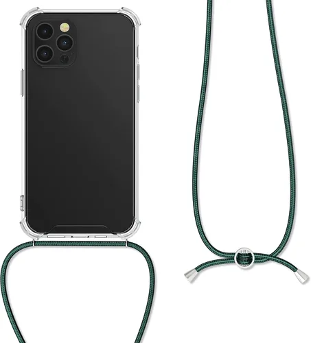 Vista 5 de kwmobile Funda cruzada compatible con Apple iPhone 12 Pro Max, funda transparente de TPU con correa de cable, color verde oscuro/transparente