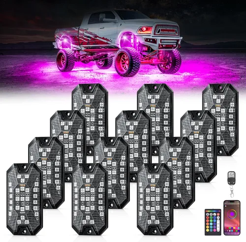Vista 10 de Luces RGB para Rocas, 8 pods Kits de Luces Underglow de Neón, Control Remoto APP/RF y Modo Musical, Lámparas Inalámbricas Impermeables Multicolor