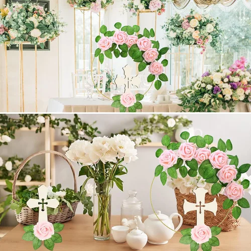 Vista 6 de LEIFIDE 40 piezas de decoración de primera comunión para bautismo, centros de mesa, decoración de la primera comunión con 8 anillos de aro florales