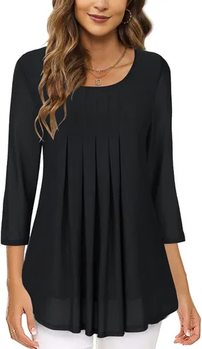 Vista 2 de Hount Blusa casual de manga 34 para mujer, blusa plisada suelta, camisa de malla de doble capa
