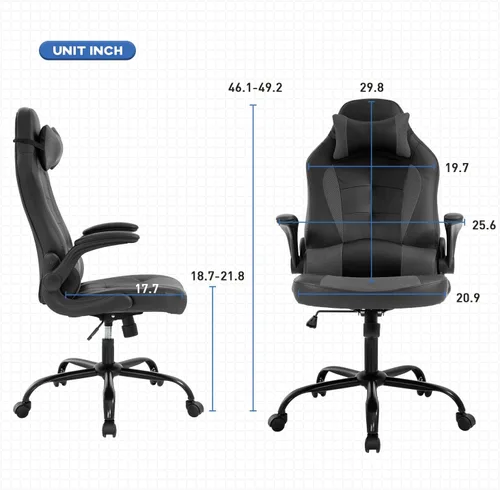 Vista 3 de Sillas de juegos para adultos, silla giratoria de piel sintética, ajustable, con soporte lumbar, reposabrazos abatibles, reposacabezas para adultos