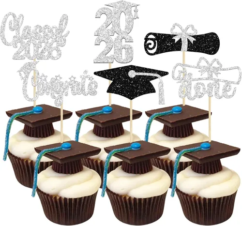 Vista 29 de Paquete de 24 adornos para cupcakes de clase 2026 con purpurina 2026 Felicidades Graduación Diploma Done Cupcake Picks 2026 Graduación Temática