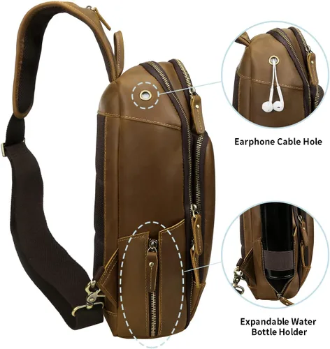 Vista 4 de Bolso de cuero genuino de grano completo vintage para hombres, mini tamaño mediano pequeño, con puerto de carga USB, Medium-camello, Mochilas Sling