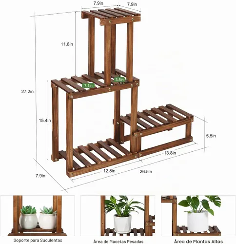 Vista 2 de Soporte de madera para plantas para interiores y exteriores, 4 niveles, estante para macetas esquineras, soporte para macetas para sala de estar