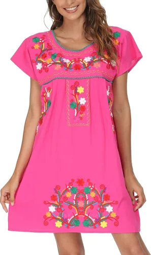 Vista 2 de YZXDORWJ - Vestido mexicano bordado de manga corta para mujer