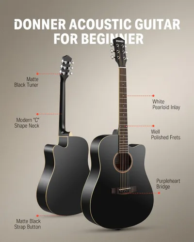 Vista 2 de Donner guitarra acústica negra para principiantes, adultos, adolescentes, kits de iniciación - Juego completo de guitarra acústica